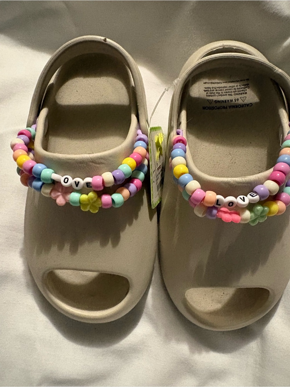 Kids Beige Clog Sandals with Colorful Bead Straps - LOVE Detail